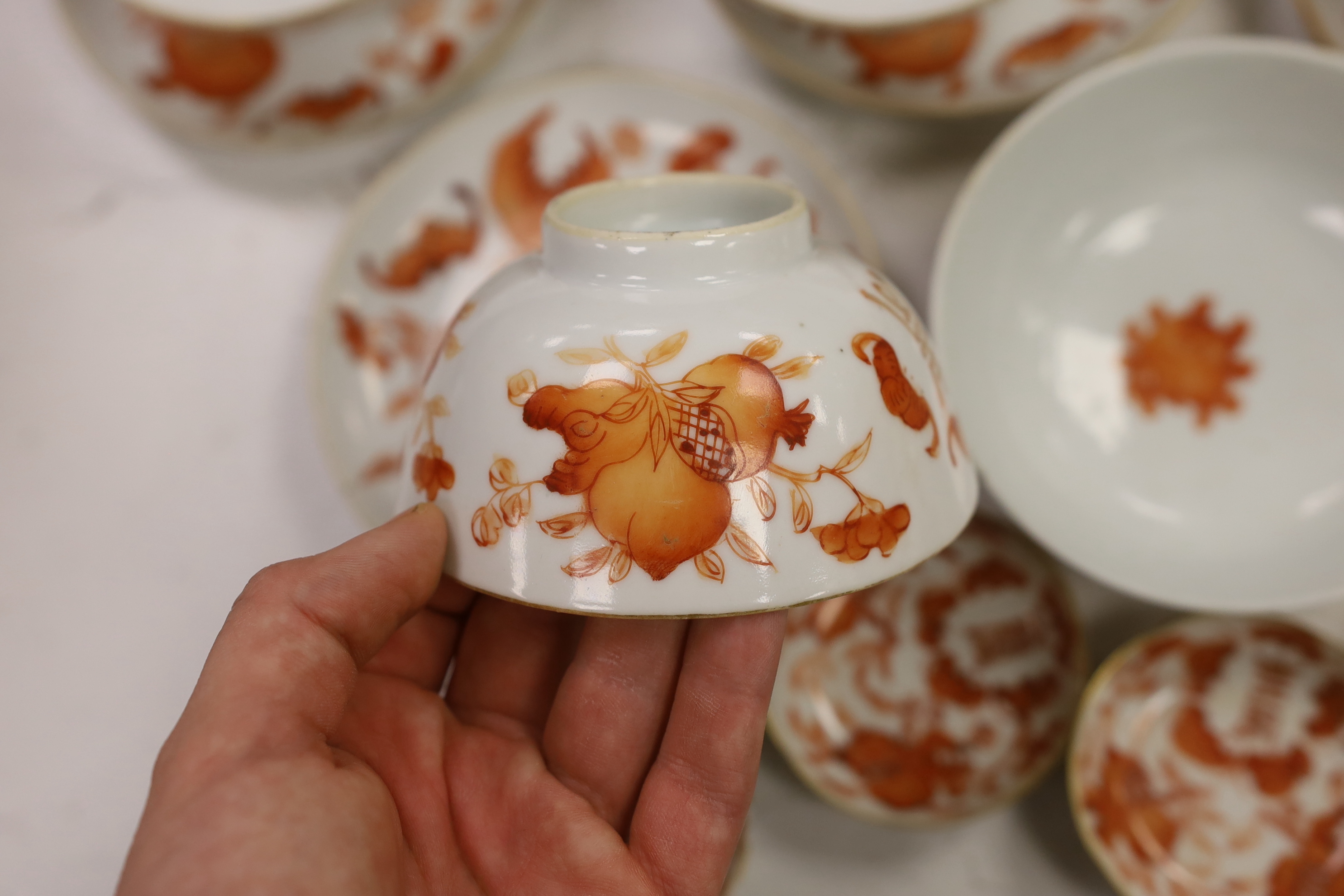 A group of Chinese iron red enamelled ‘sanduo’ bowls, saucers and side dishes, c.1900, Tongzhi and Guangxu marks